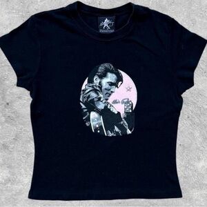 Vtg 90s Dragonfly Elvis Presley Rhinestone Baby Tee XS/S Bling Y2K Style Cropped